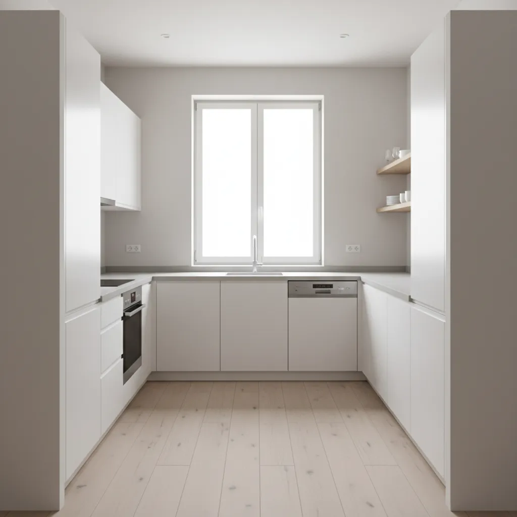 small apartment kitchen with L shaped cabinet layout and open center space