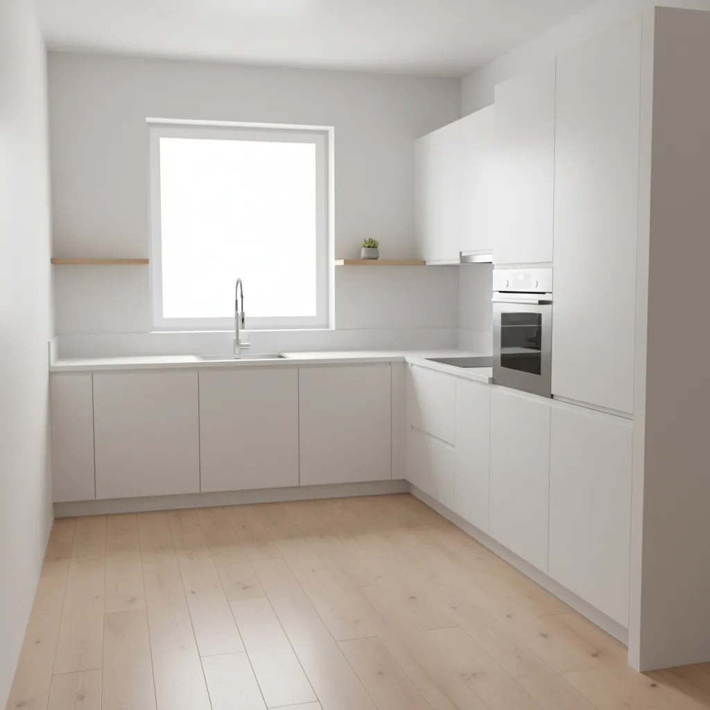 Minimalist white kitchen with wooden floor a large window white cabinets sink and integrated oven