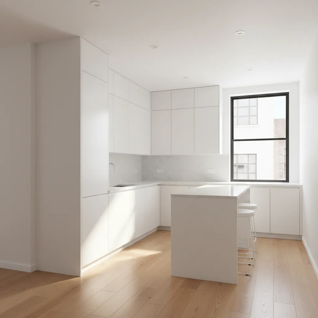 small L-shaped kitchen with compact island and bright cabinets