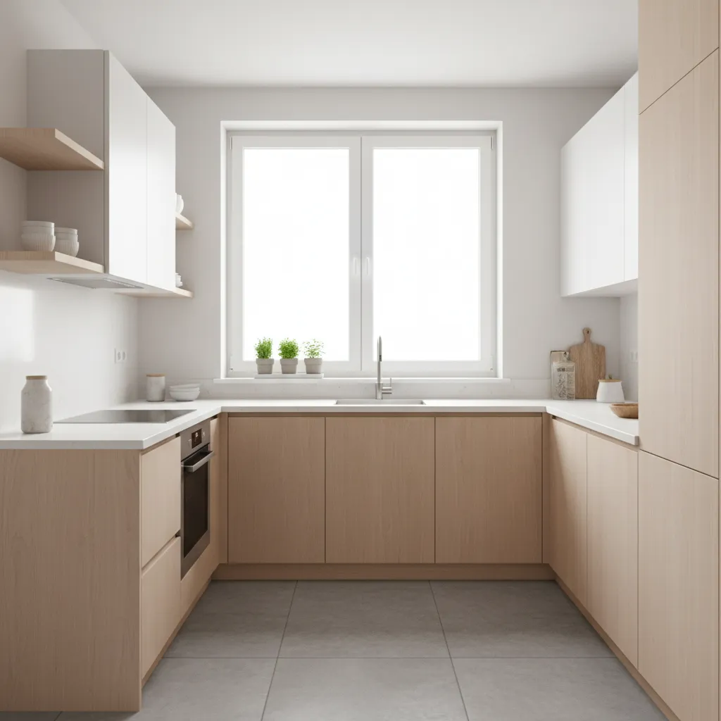 compact L shaped modular kitchen in a small apartment