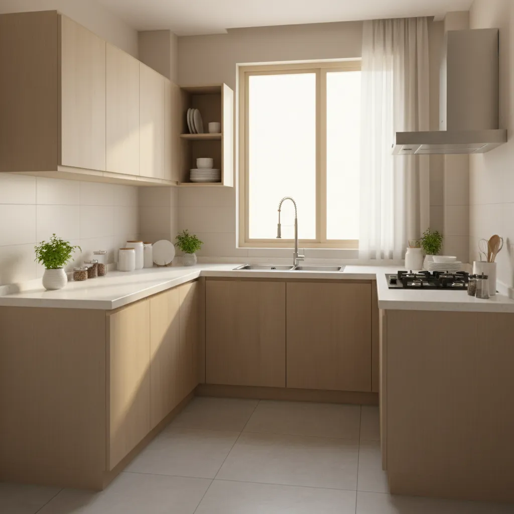 Compact L-shaped modular kitchen designed for a small Indian apartment