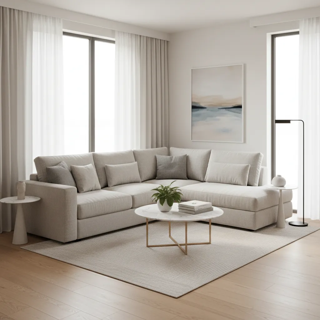 Compact L shaped sectional sofa in a small living room apartment
