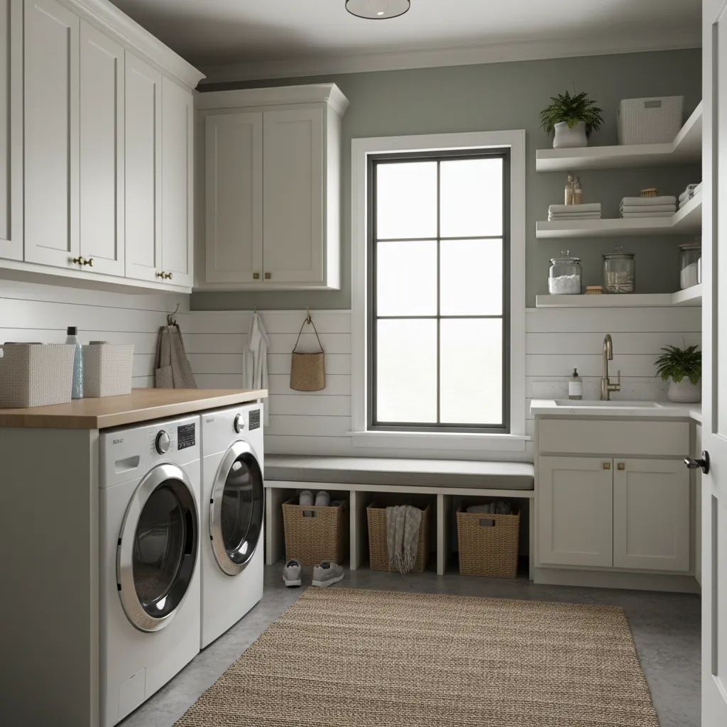 compact laundry mudroom with washer dryer and organized storage wall