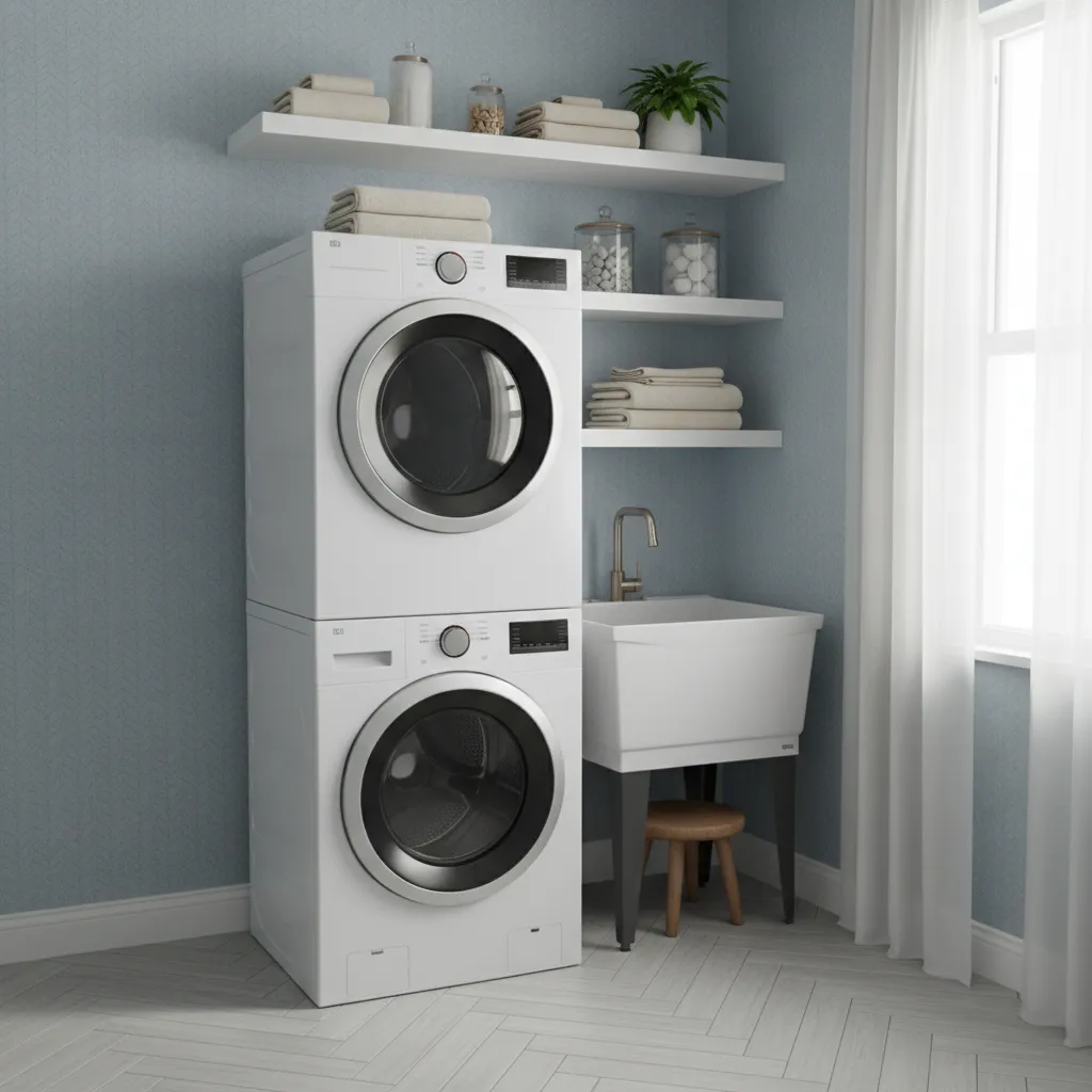 Compact laundry room with soft blue wallpaper and stacked washer dryer
