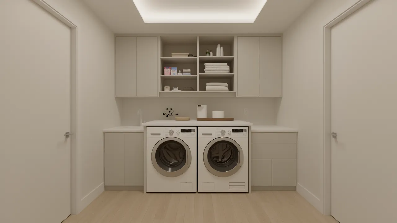 compact laundry room with bright lighting and clean organization