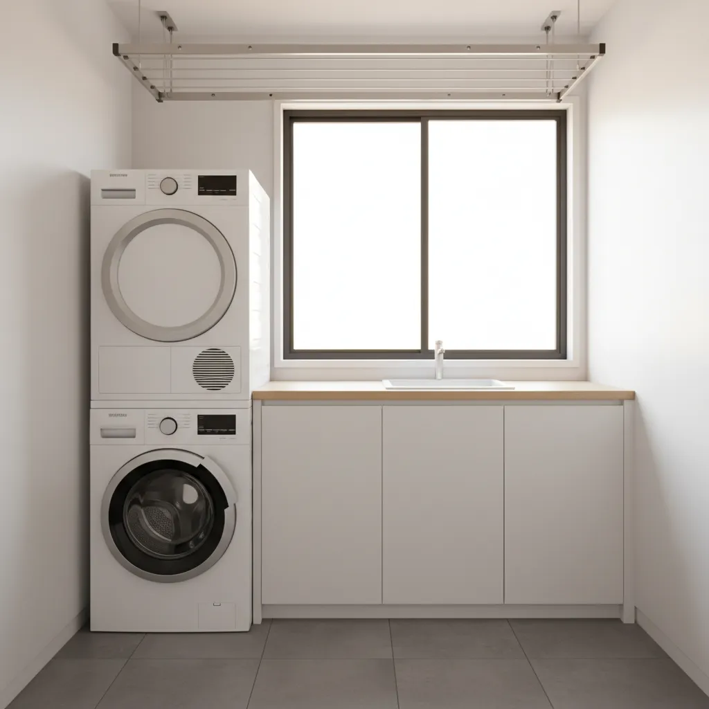 Small laundry room with clothesline drying setup above appliances