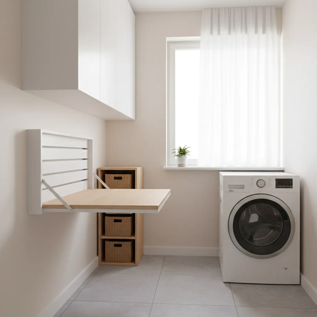 Tiny laundry room with wall mounted folding shelf next to washer