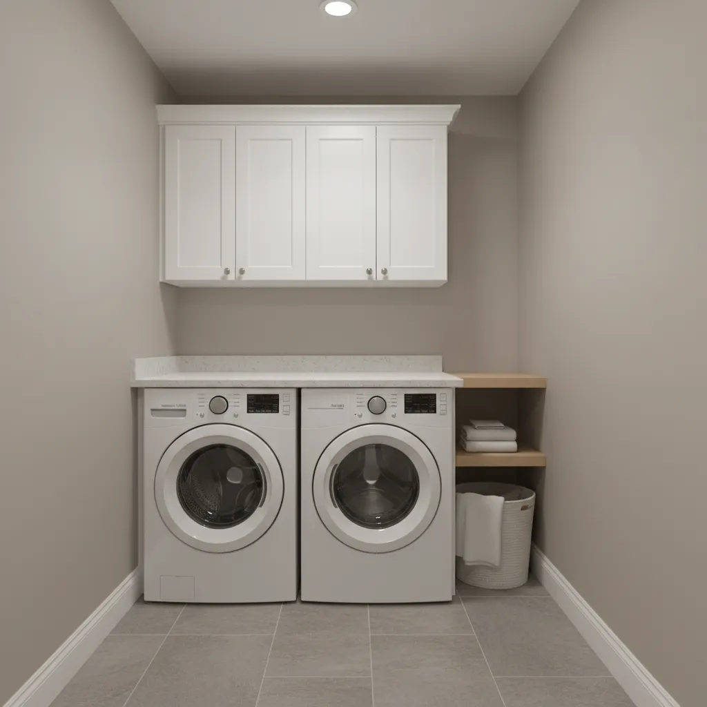 Small laundry room with side by side washing machine dryer white cabinets and grey tiles
