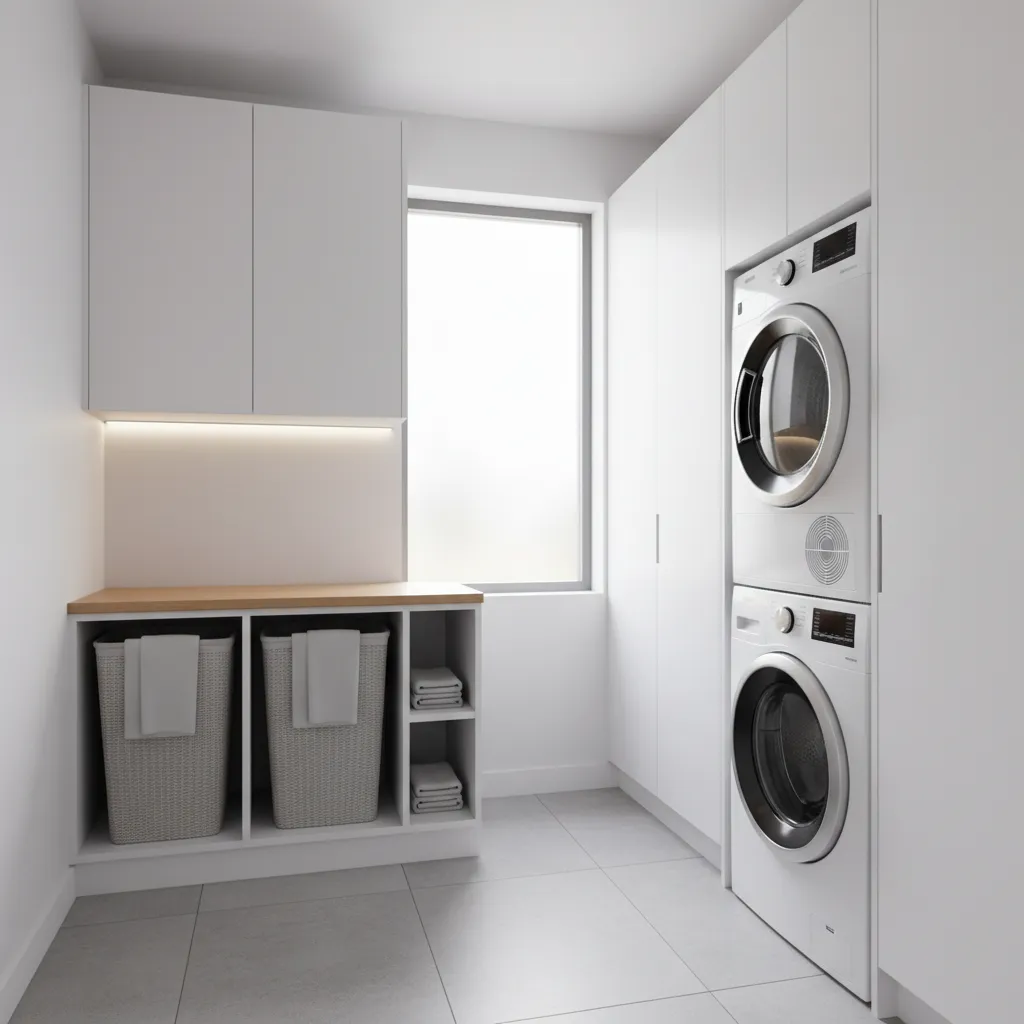 compact laundry room layout with organized hamper storage