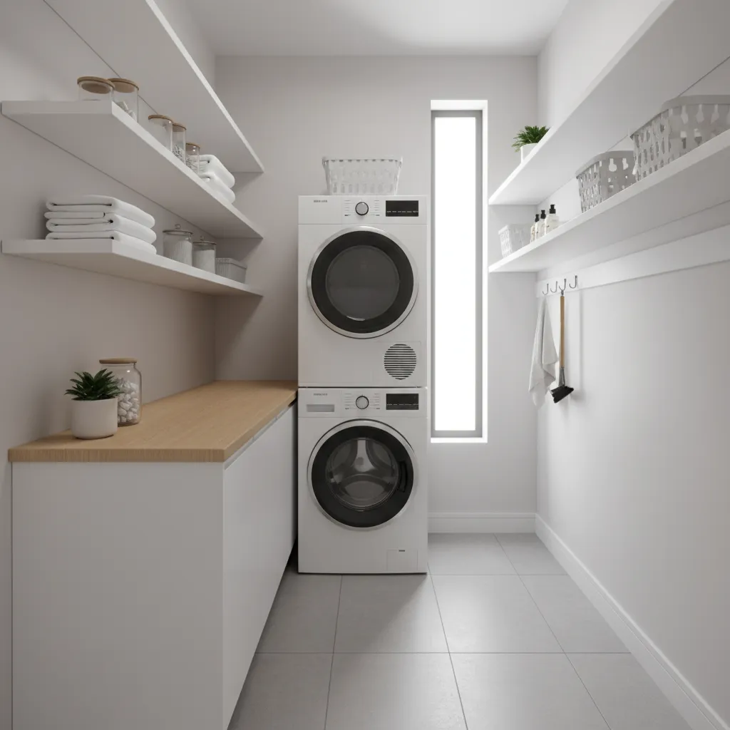 Stacked washer dryer layout saving space in a compact laundry room