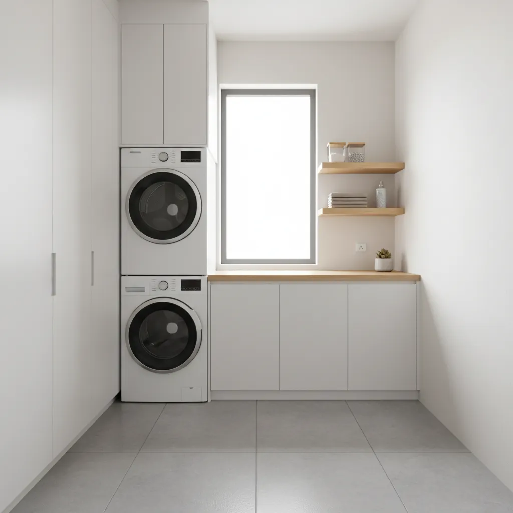 Compact laundry room with stacked washer dryer and wall storage