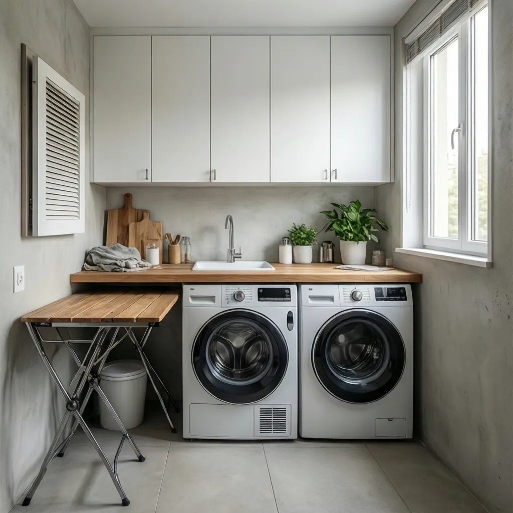 Small laundry room with side by side washer dryer and overhead cabinets