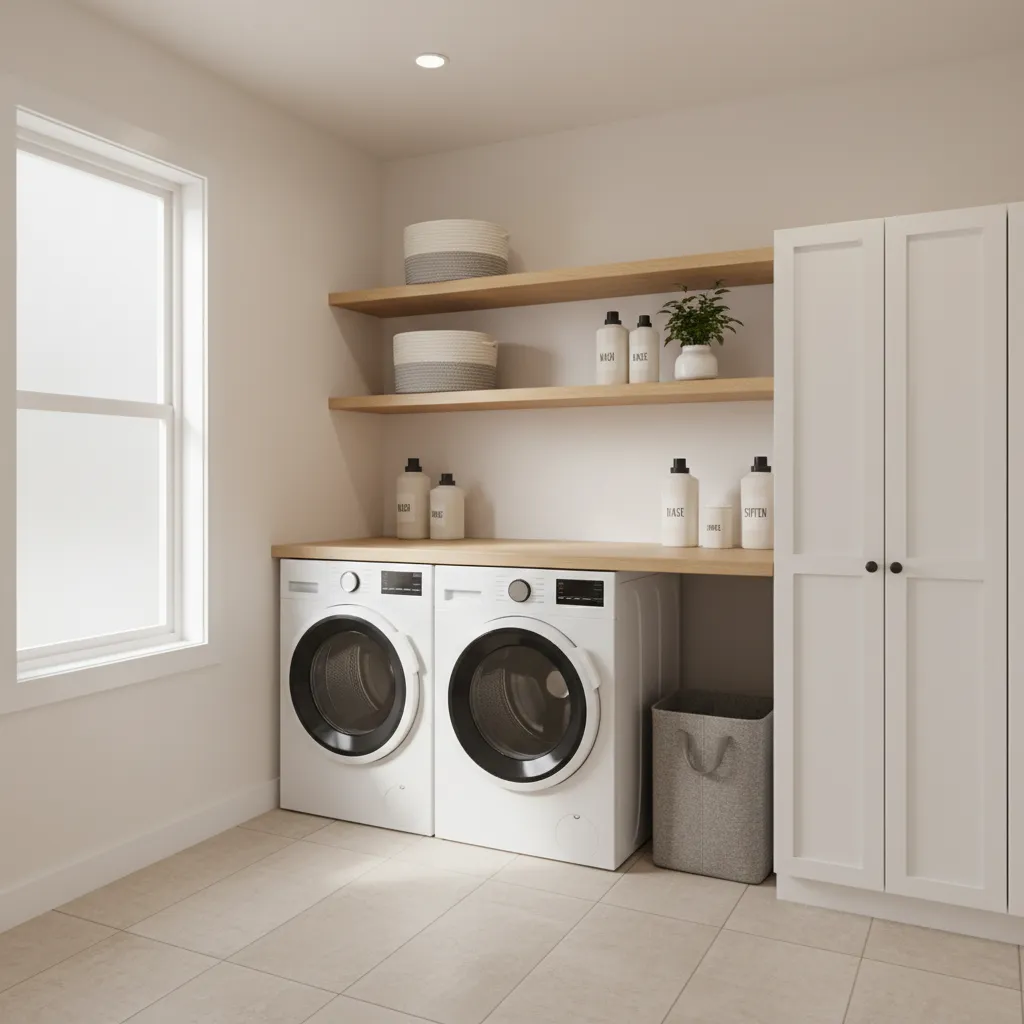 Compact laundry room with shelves above washer and dryer