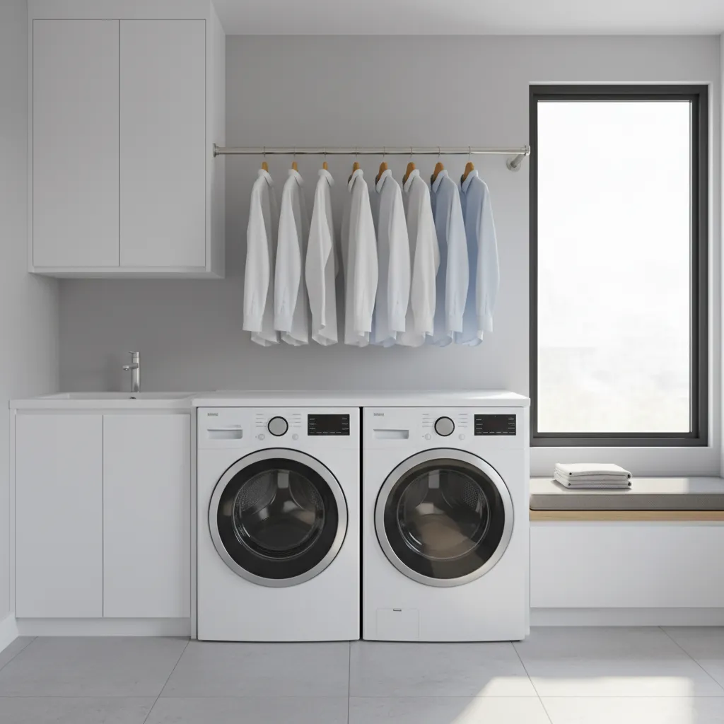 Small laundry room with wall mounted hanger rods above washer and dryer