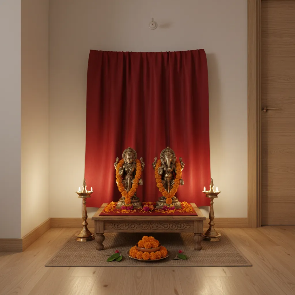 compact Laxmi pooja corner setup on small wooden chowki with idols flowers and diyas