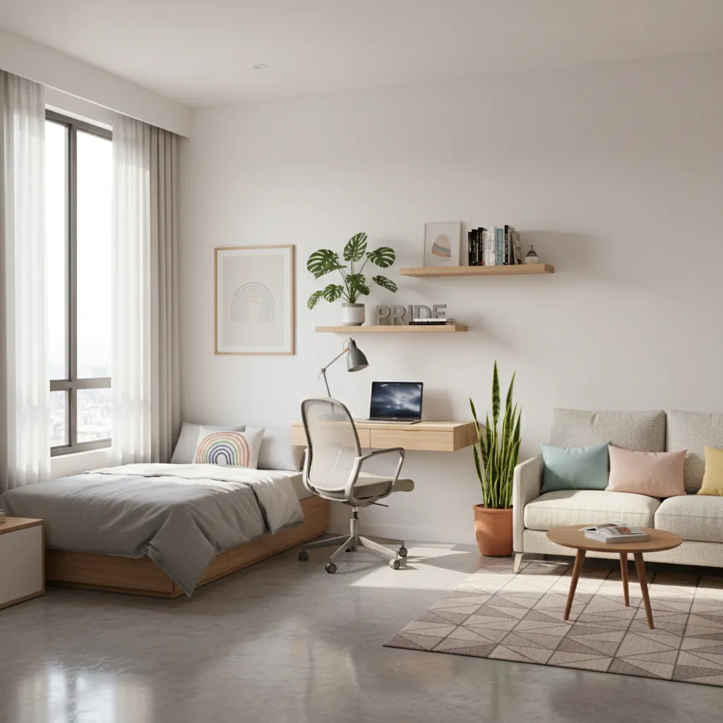 Compact modern LGBTQ-friendly living area in a small Indian apartment