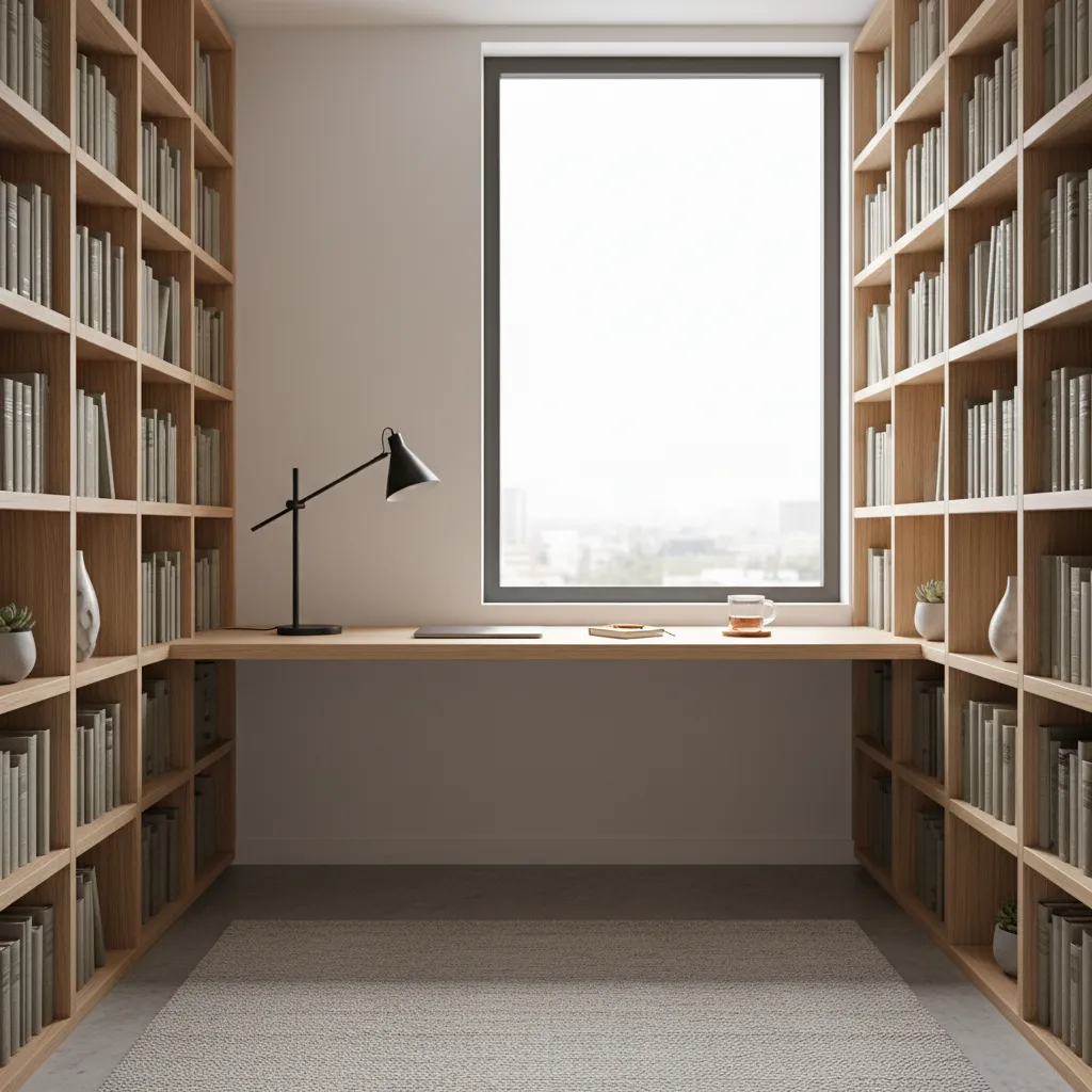 Compact study desk integrated with bookshelves in small library room