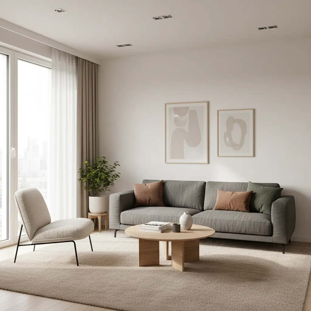 compact living room with sofa and accent chair forming a conversation area