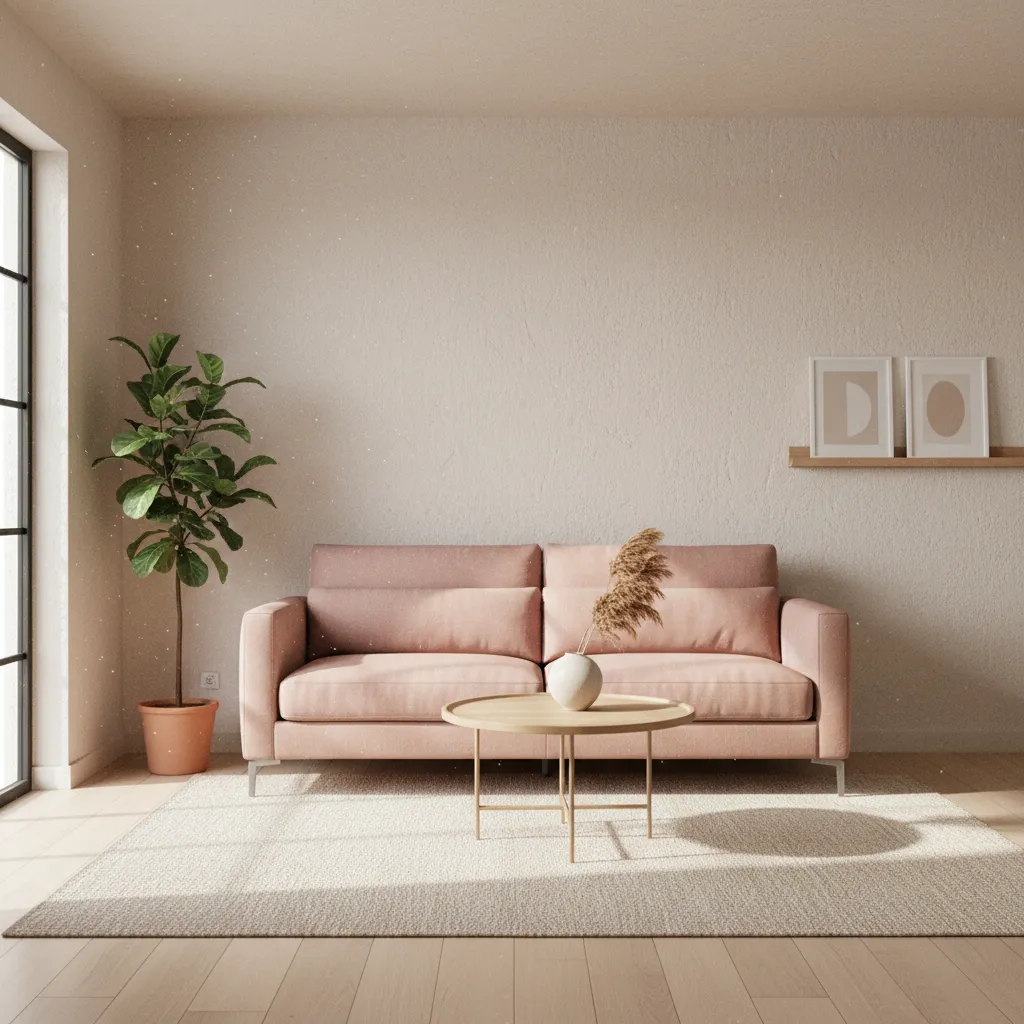 Compact apartment living room with blush pink sofa and neutral decor