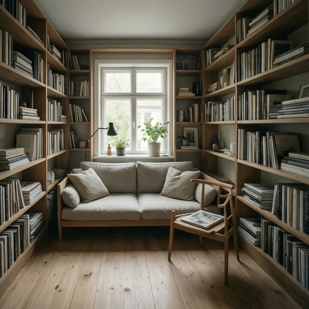 Salón pequeño con sofá compacto, estanterías integradas y colores neutros