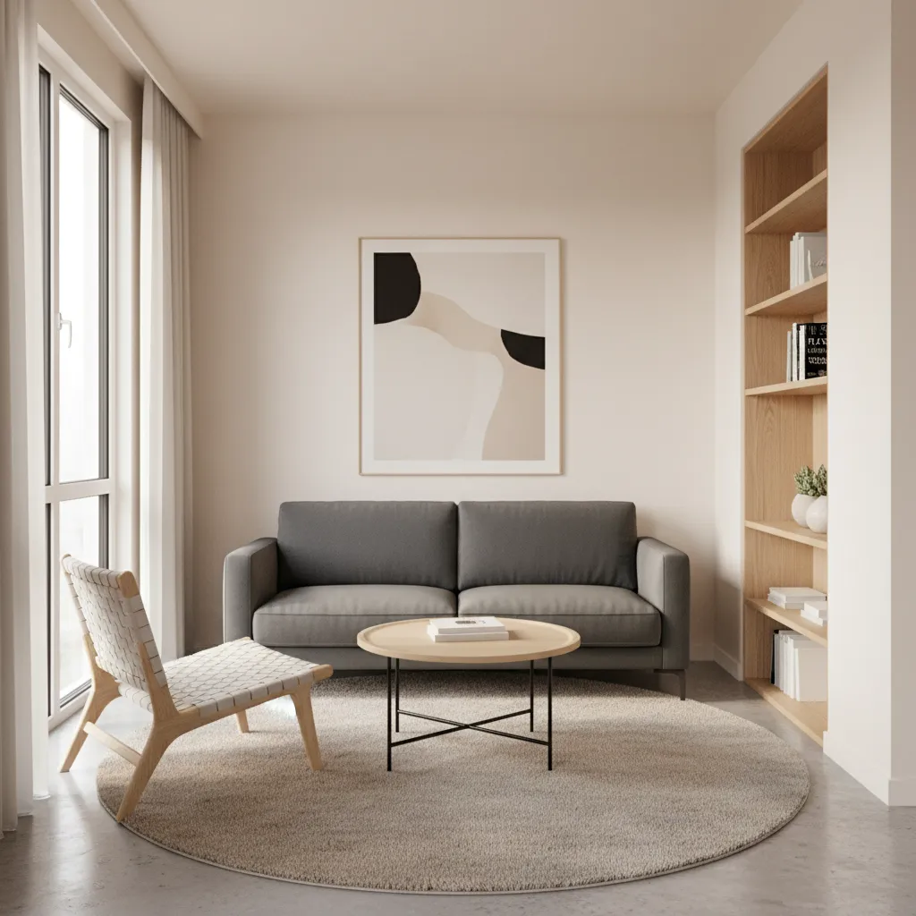 compact living room layout with sofa and chair arranged around a central rug