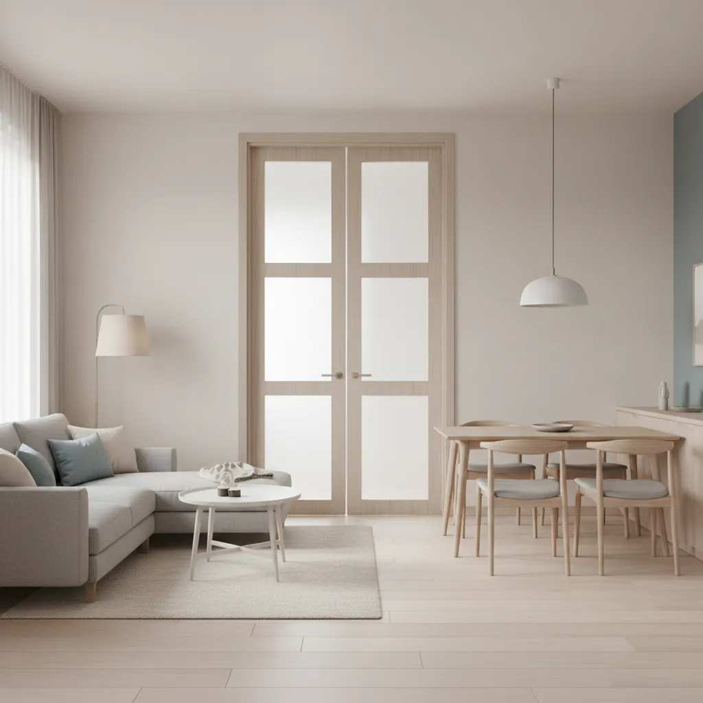 Compact living room connected with slim modern double doors