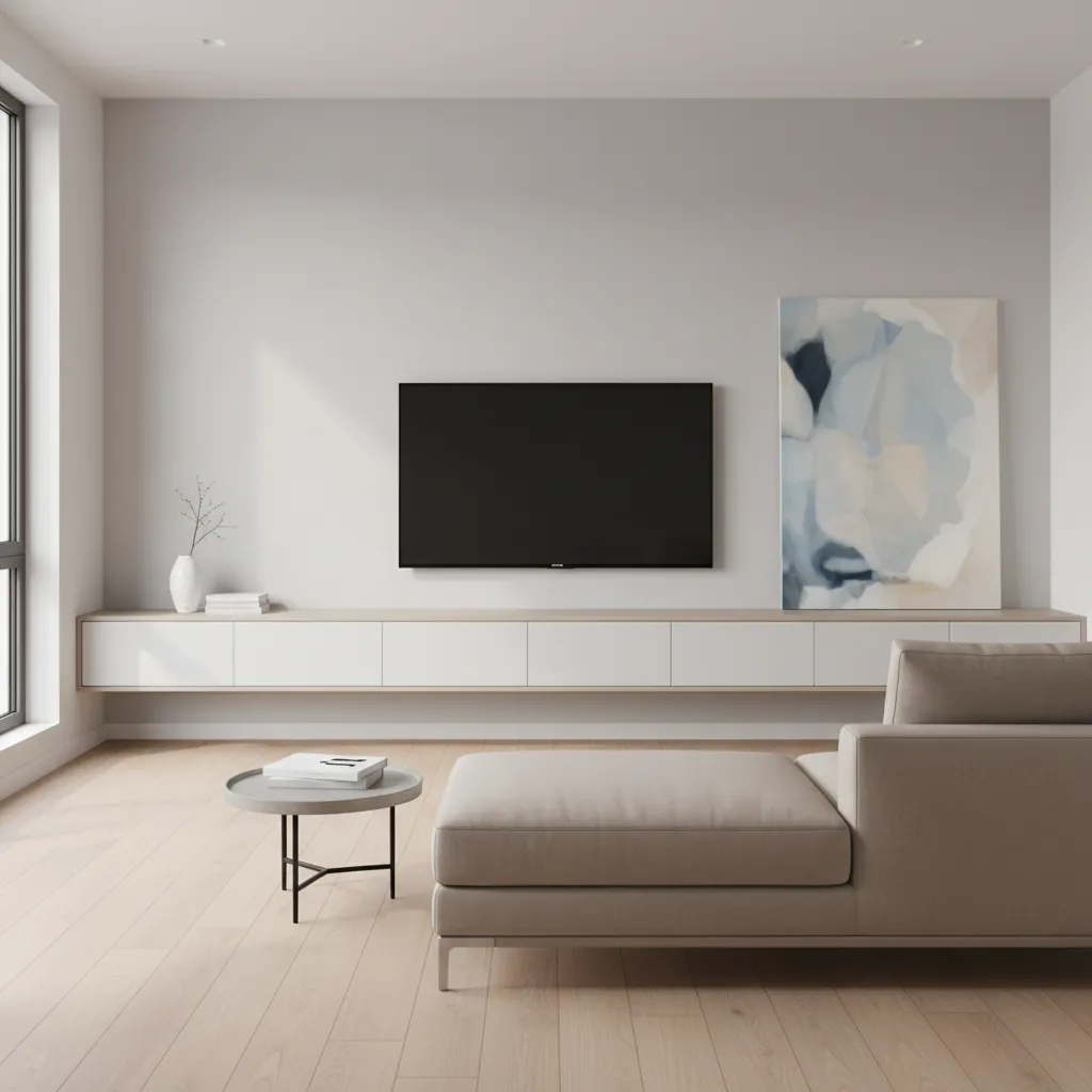 compact living room with floating TV console and minimalist sofa layout