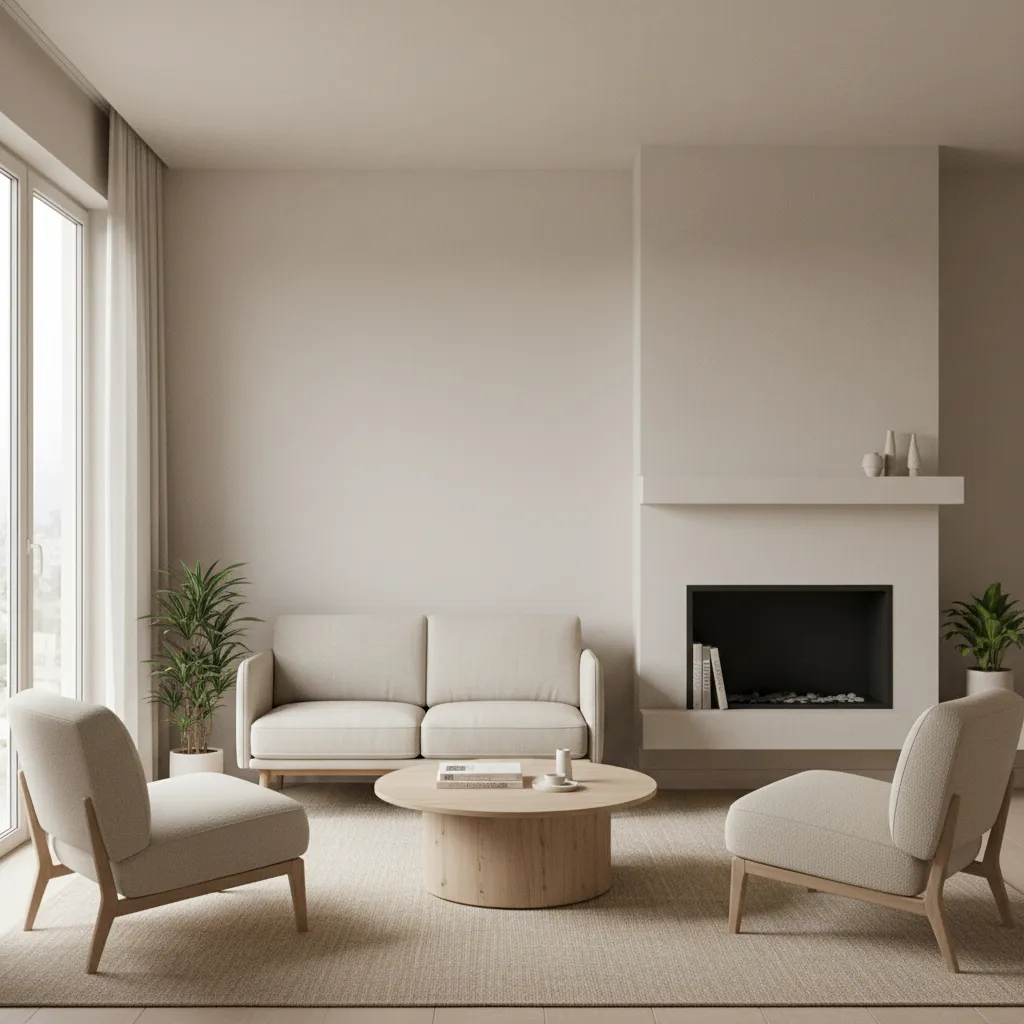 Minimalist living room with beige sofa two armchairs wood coffee table fireplace and a window