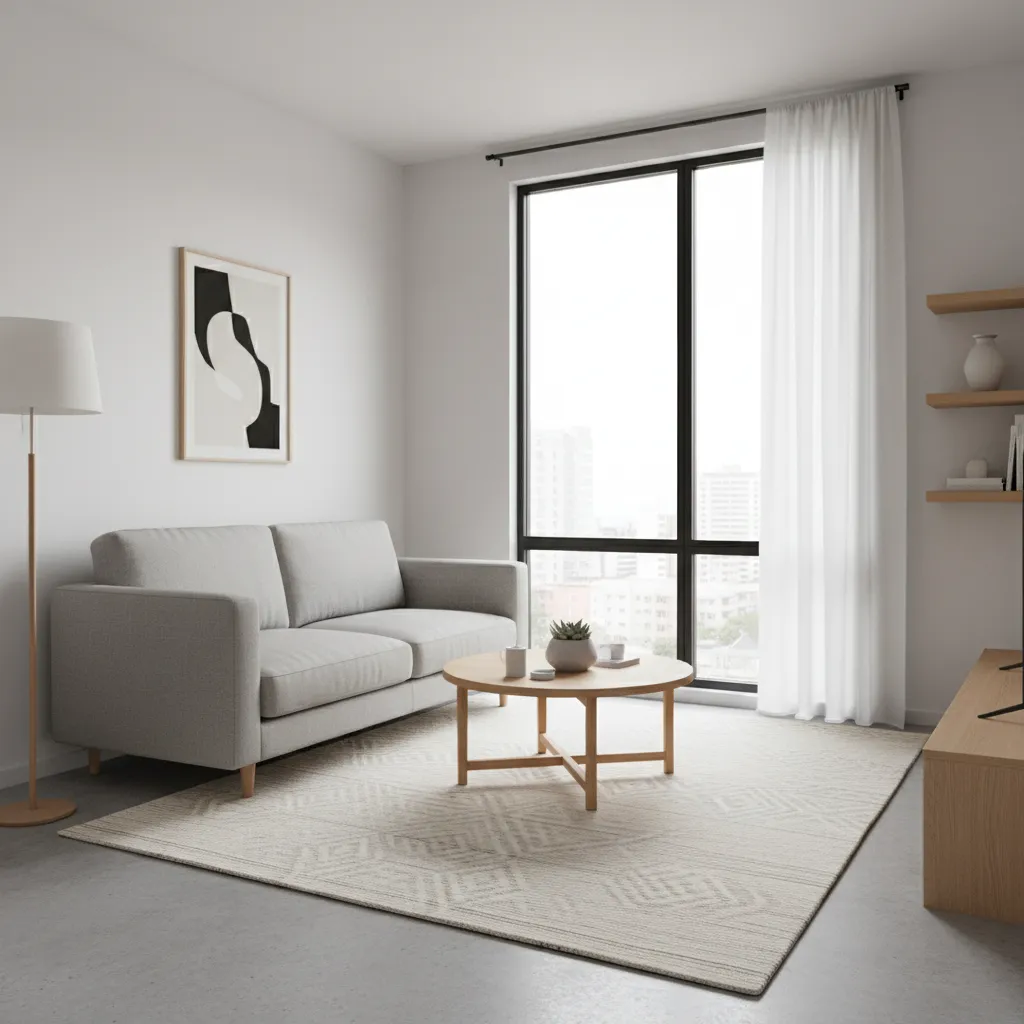 Small apartment living room with compact sofa and open floor space layout