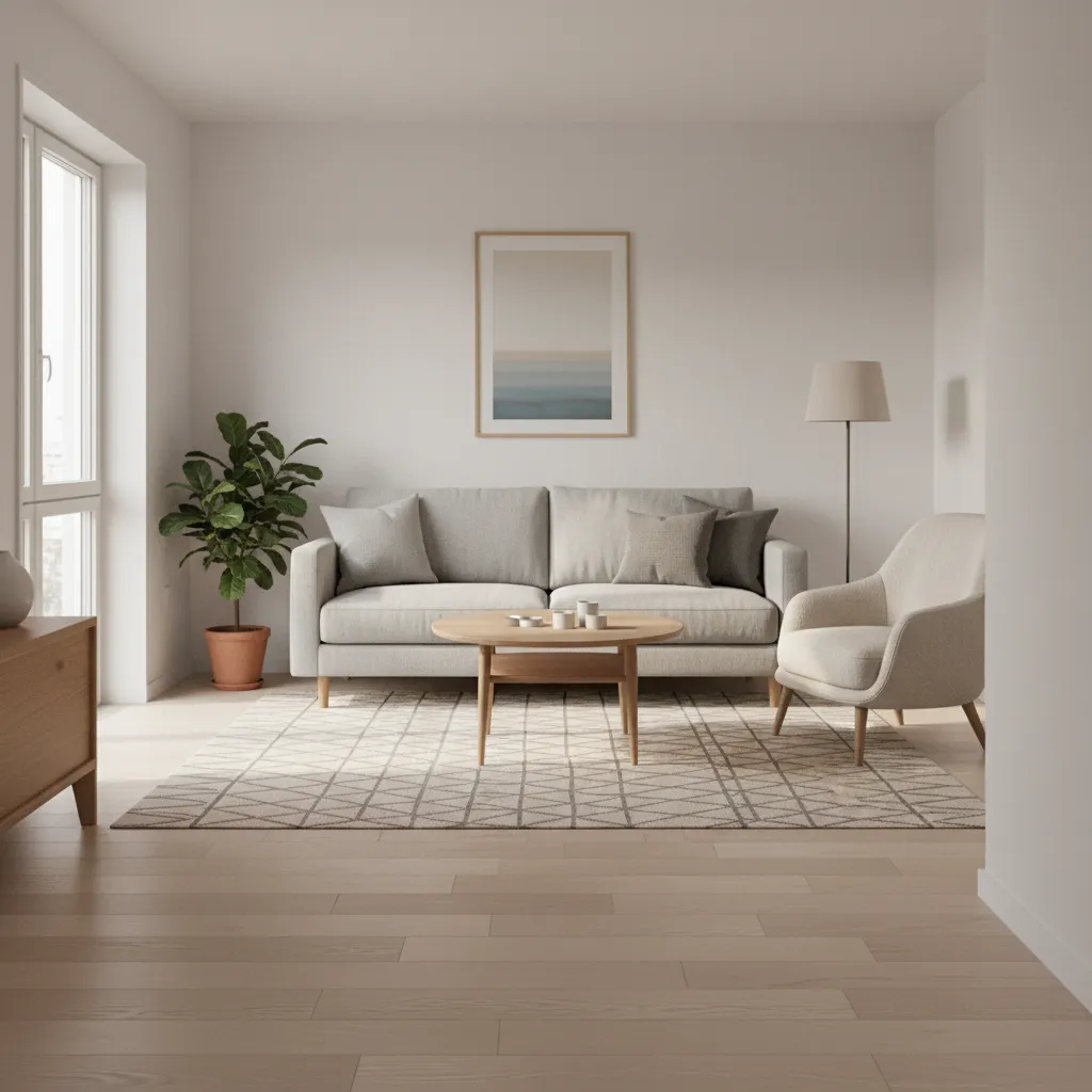 Compact living room layout with sofa, coffee table and clear walking path