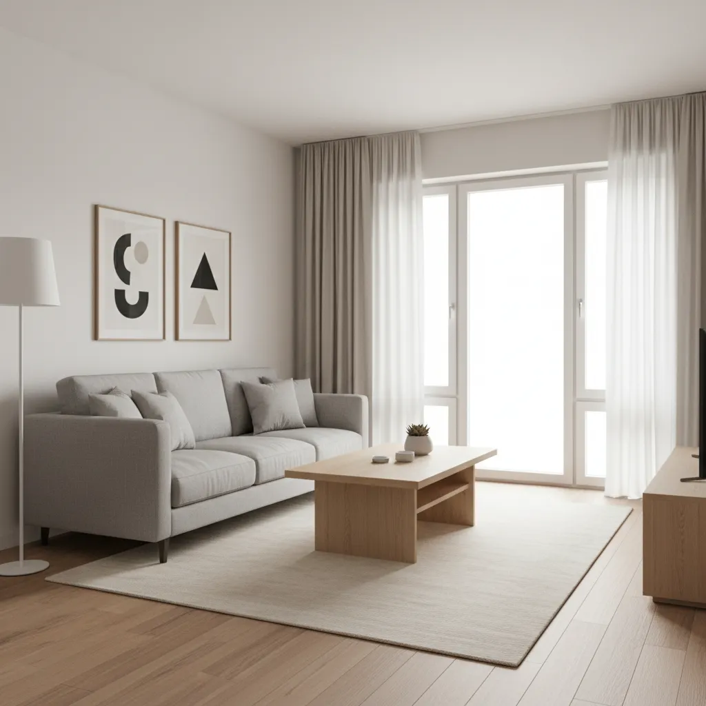 compact living room with sofa, coffee table and open walkway showing efficient layout