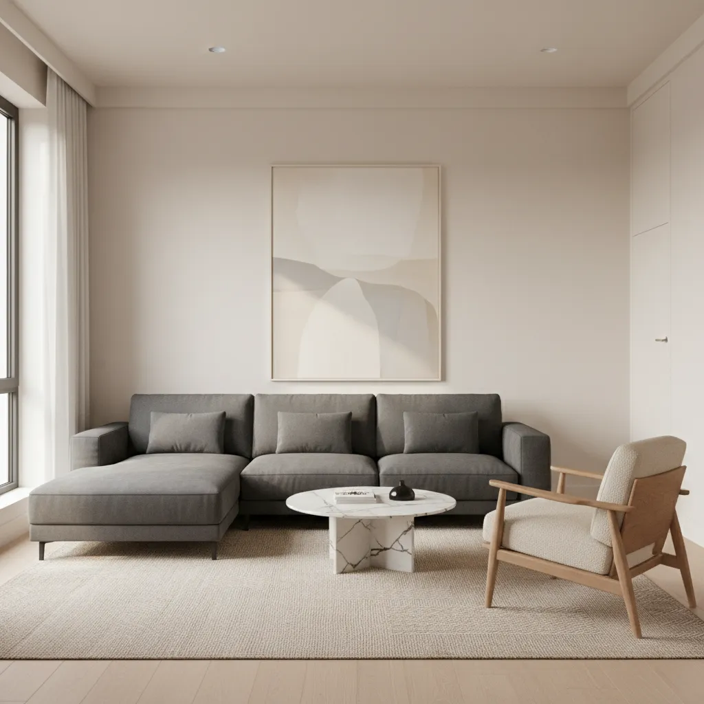 Minimalist living room with grey sofa, marble coffee table, wooden chair, and abstract wall art