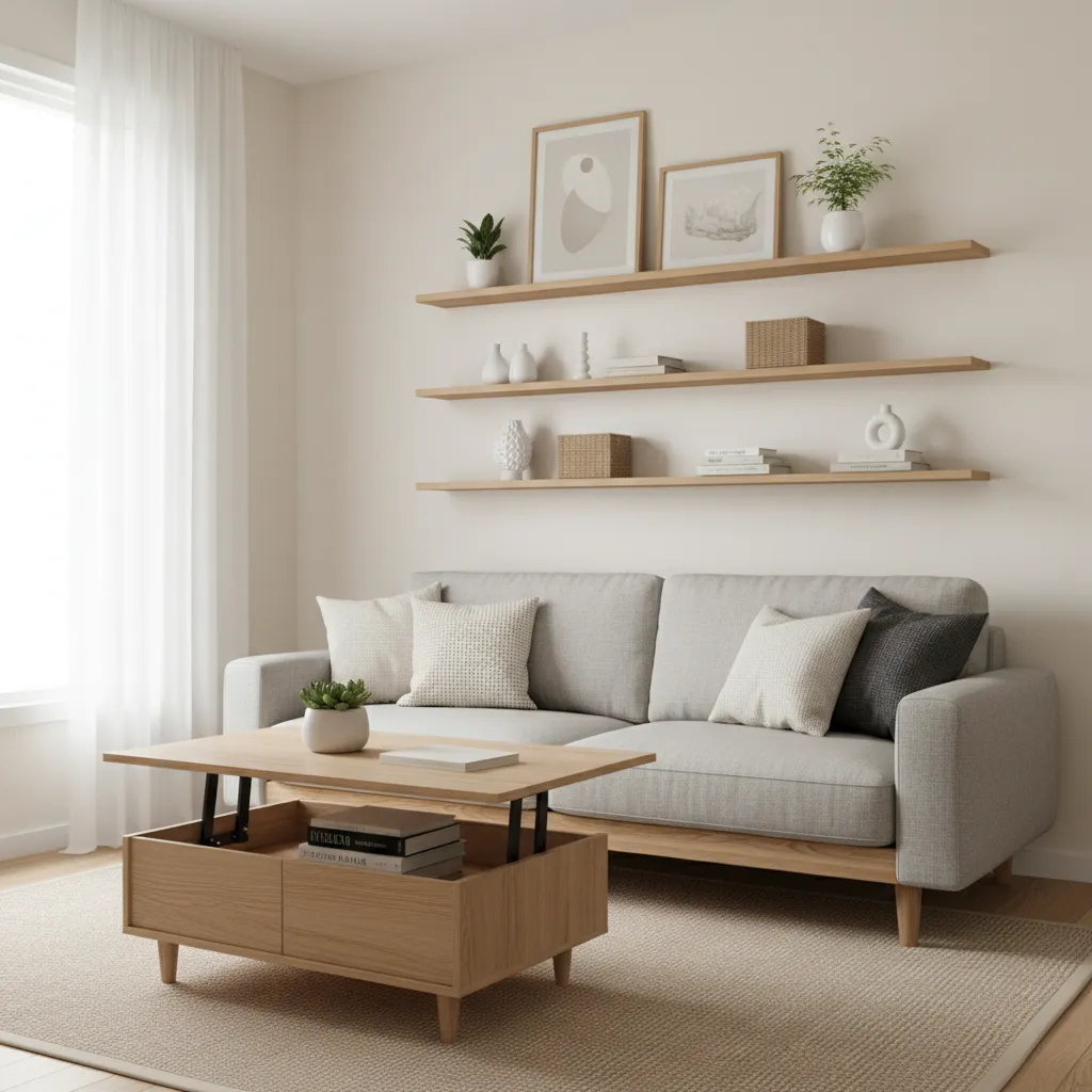 Small living room with compact sofa storage table and wall shelves