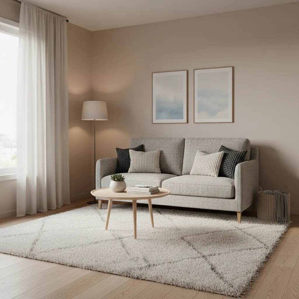 Small apartment living room with warm neutral paint colors and compact furniture layout