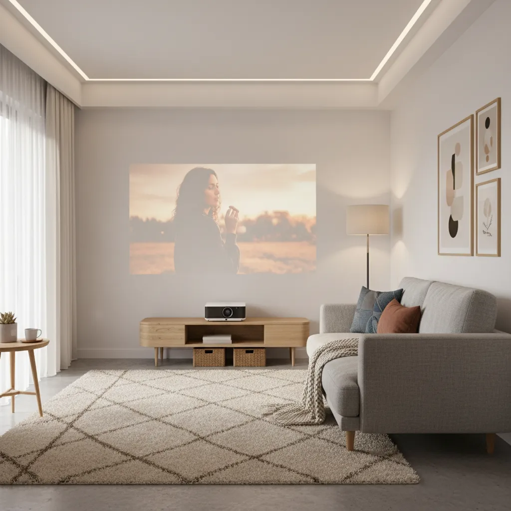 small apartment living room projecting movie onto white wall