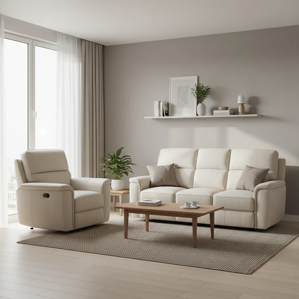 Example of a small living room with reclining sofa loveseat and chair