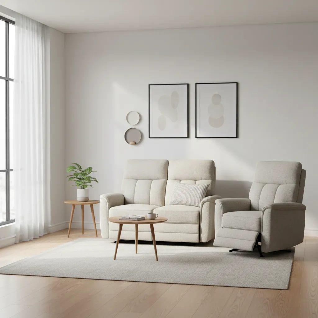 Compact living room with reclining sofa loveseat and chair