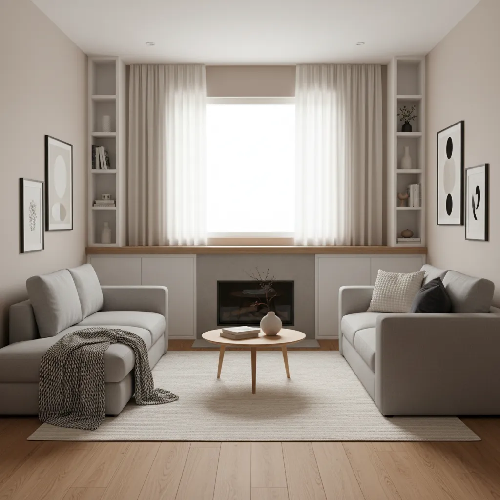Small cozy living room with compact sectional and fireplace focal wall