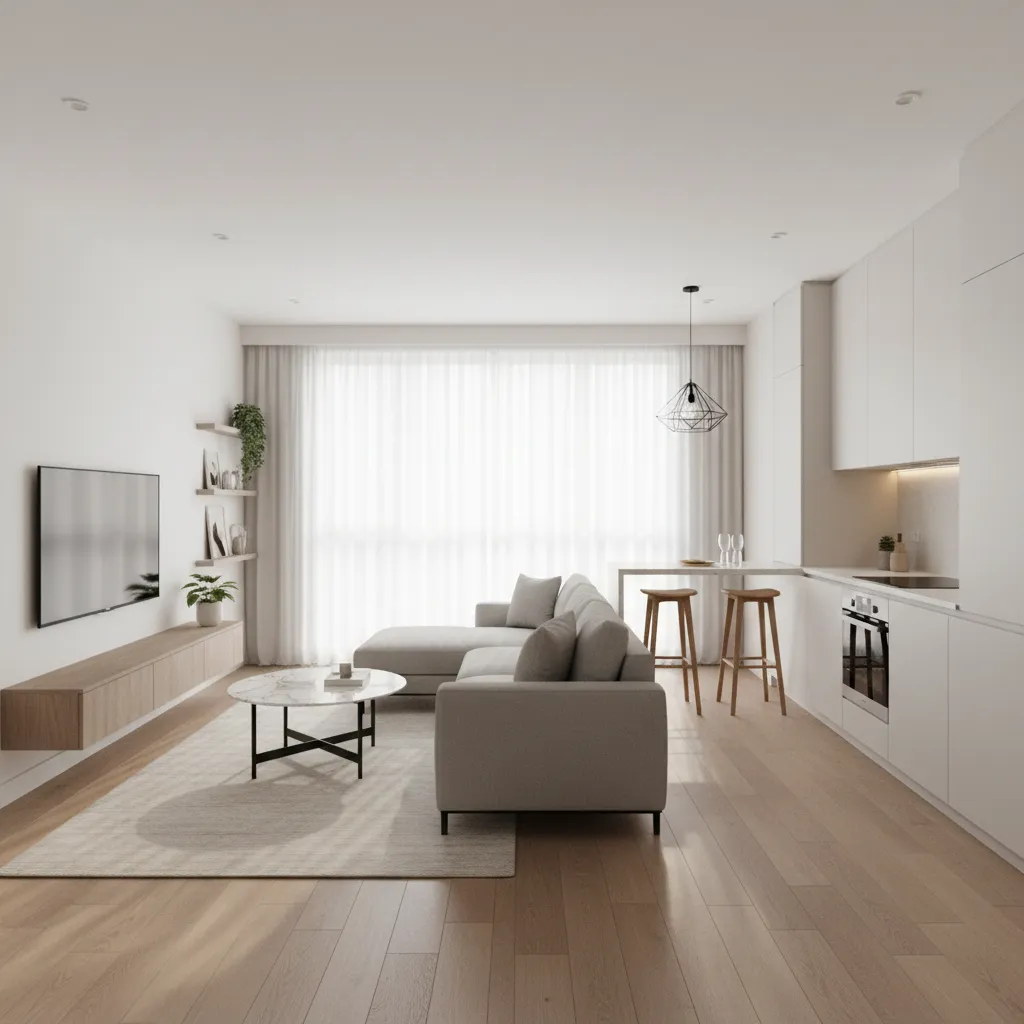 Sala moderna en casa pequeña con cocina integrada