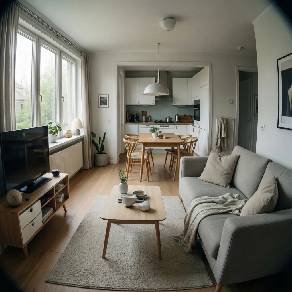 Small living room with grey sofa, wooden table, TV, and white kitchen in the background