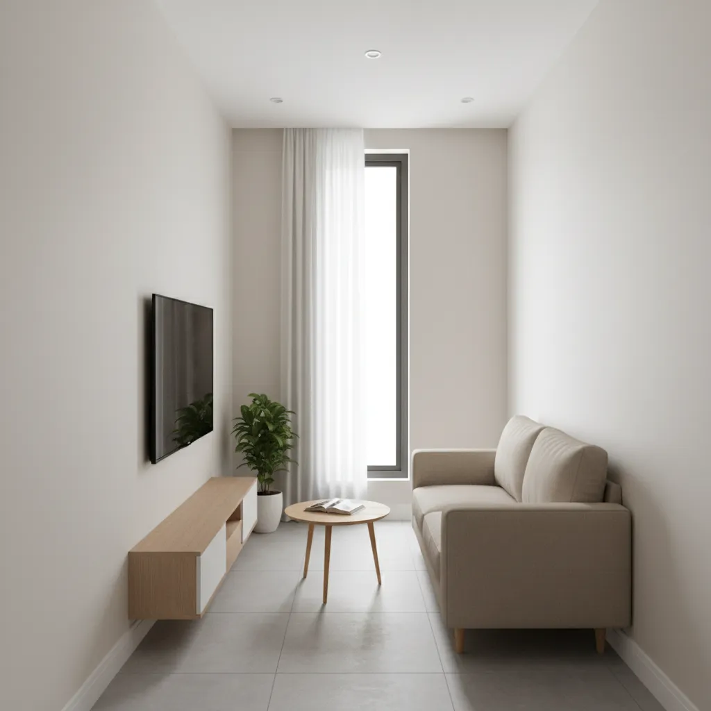 Phòng khách nhỏ tối giản trong nhà diện tích 4x8m