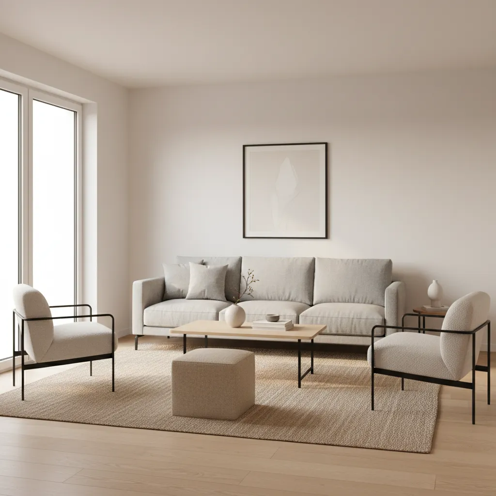 small living room layout with slim sofa chairs and ottoman arranged efficiently