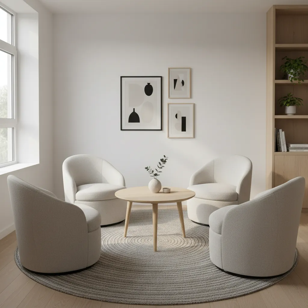 Four white swivel chairs around wooden coffee table on round rug in a minimalist space