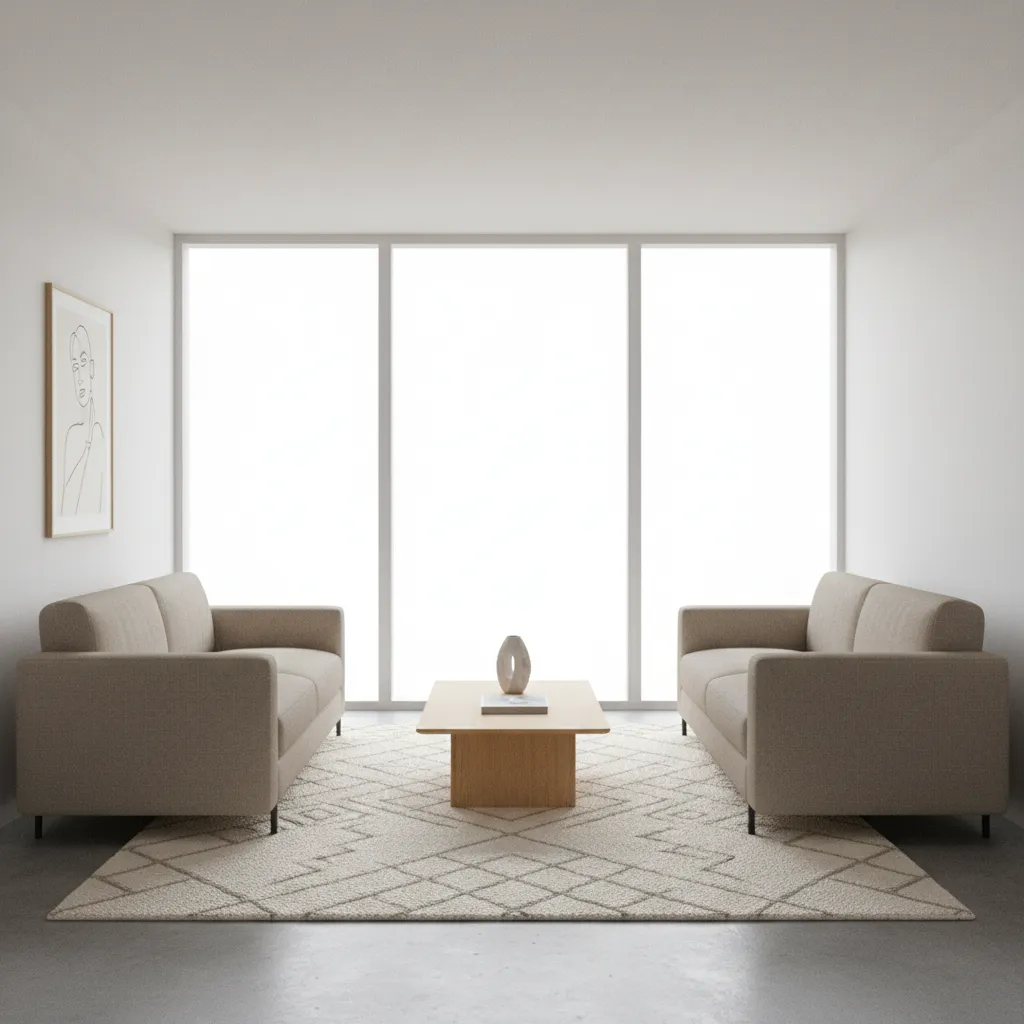 Compact living room showing two small sofas with coffee table and rug