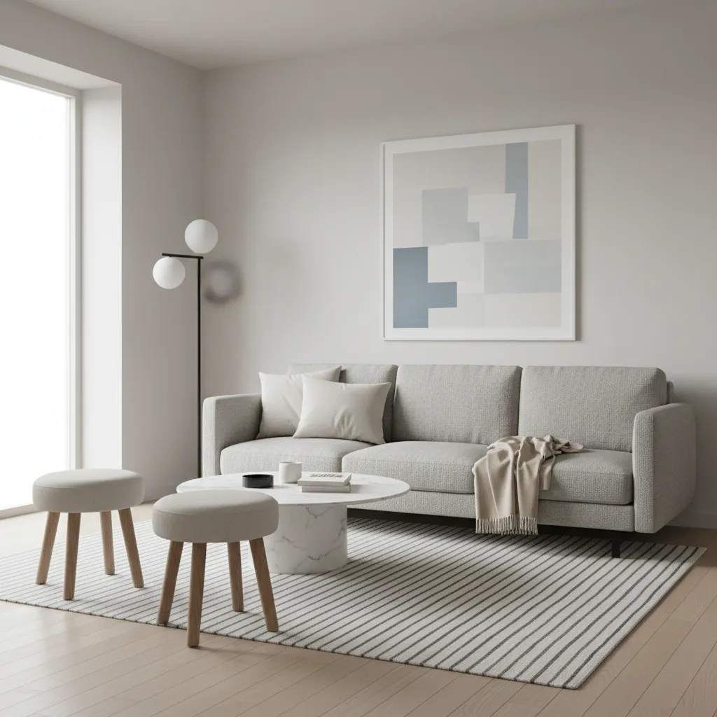 Small modern living room with two compact stools near a coffee table