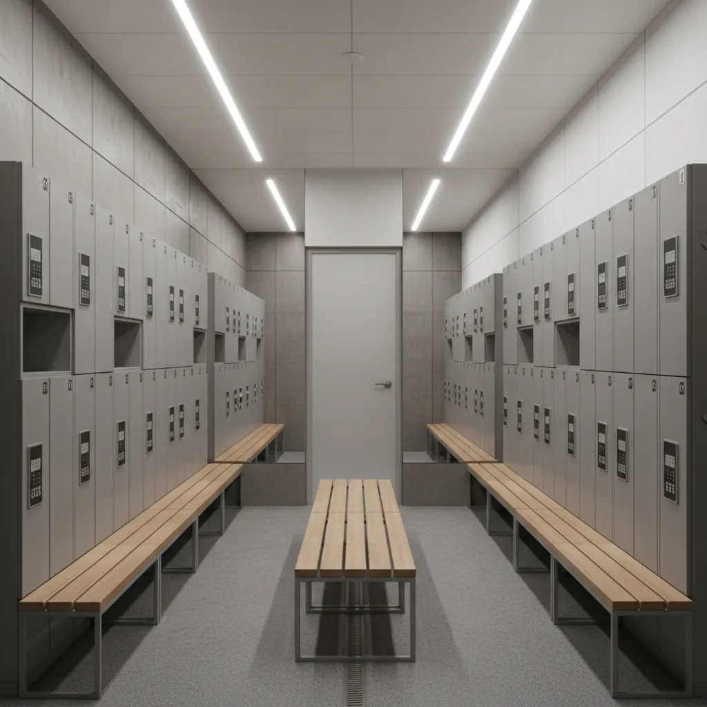 Compact locker room with benches lockers and limited space