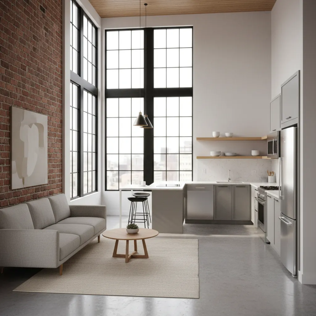 Small loft apartment kitchen with open layout and high ceilings