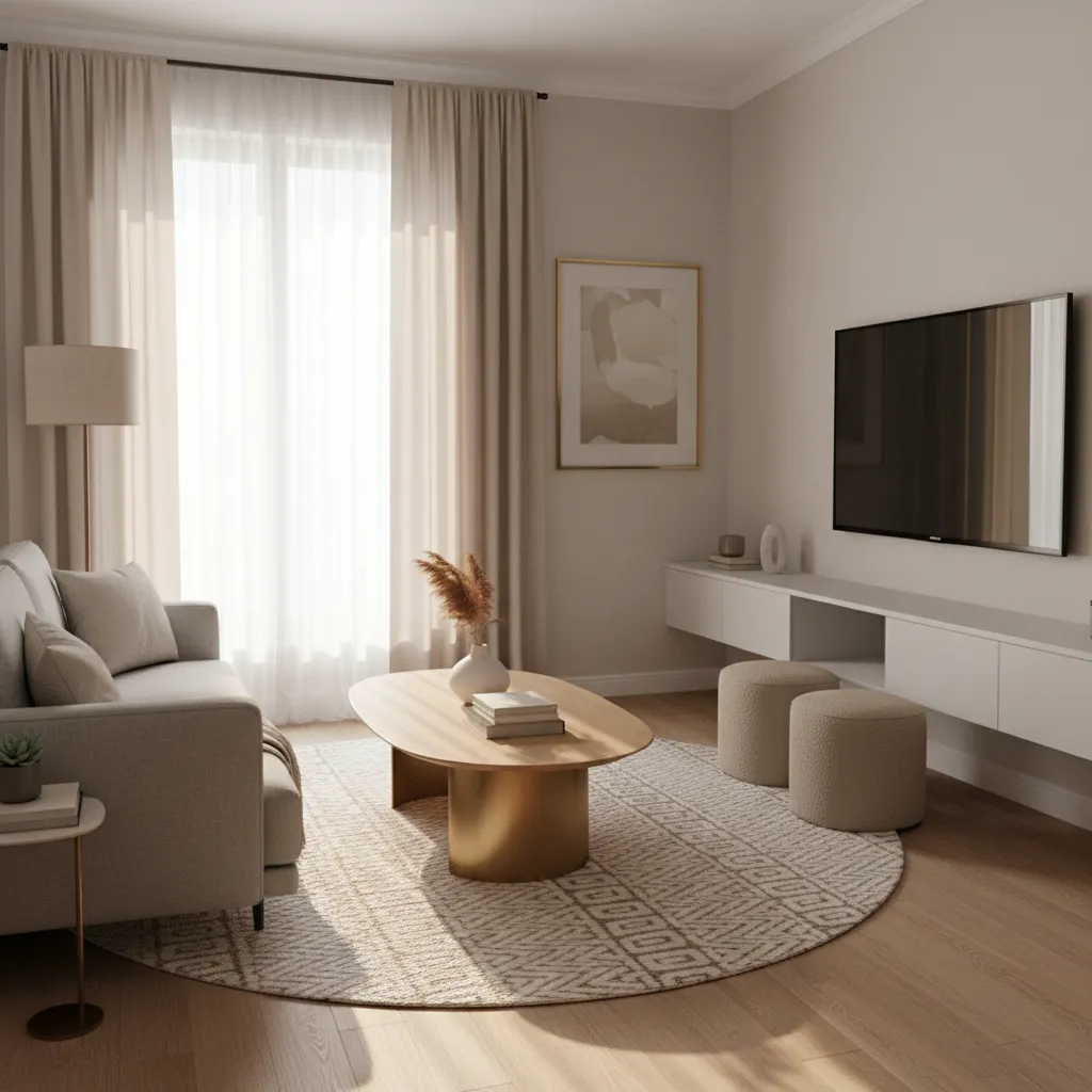 Compact luxury apartment living room with elegant furniture layout