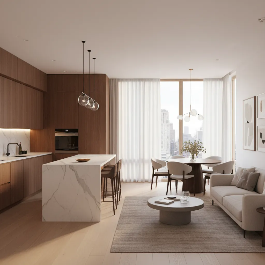 Interior of a compact luxury home with open plan living kitchen and dining