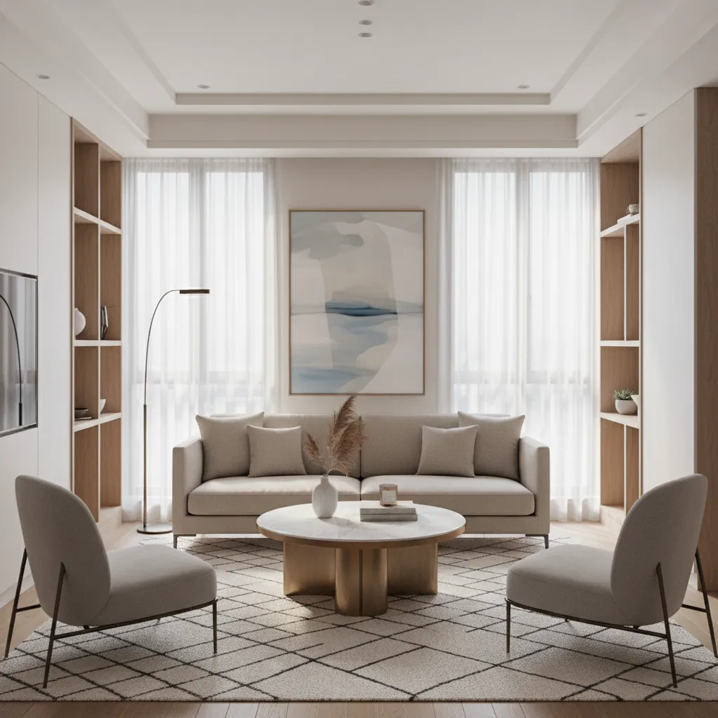 Compact luxury living room with neutral sofa and elegant decor